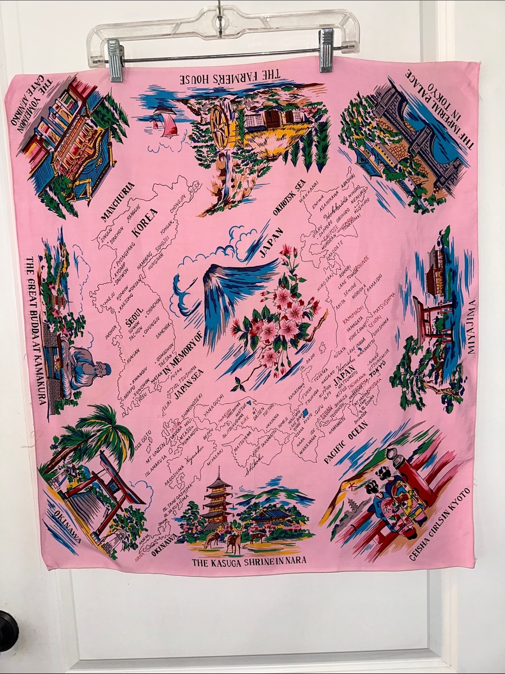 Vintage Post WWII Japanese souvenir pink scarf